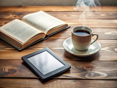 A sleek, modern e-reader device lies open on a cozy wooden table, surrounded by steaming coffee cups and