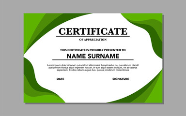 Green border certificate, appreciation, name, surname, date, signature.