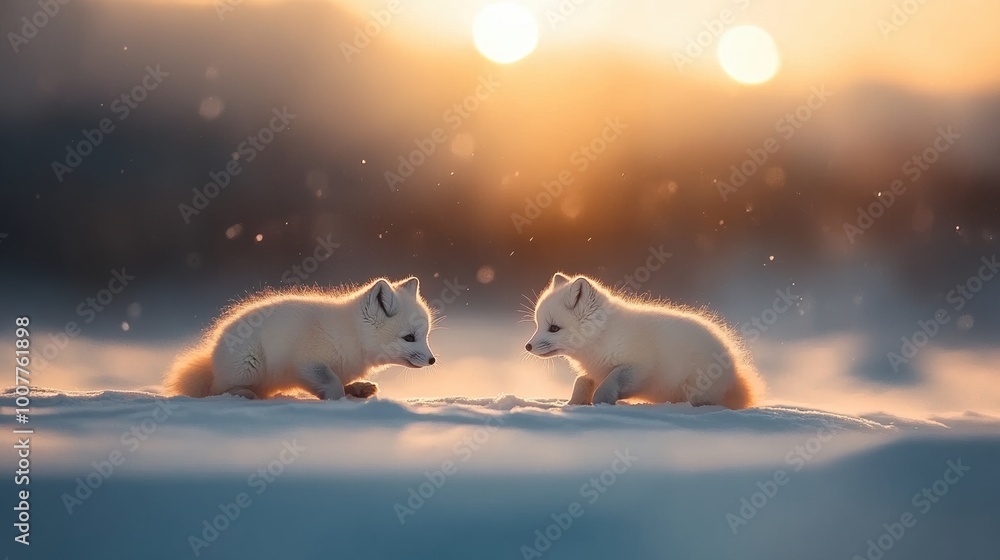Wall mural two adorable arctic foxes playing in the snow during a beautiful sunset.
