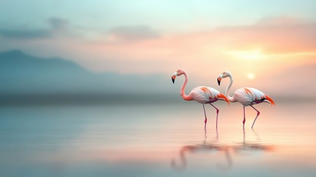 Two flamingos walking gracefully at sunset by the water.