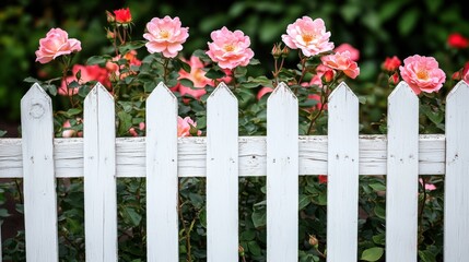 Fototapeta premium Pink Roses by White Wooden Fence in Garden