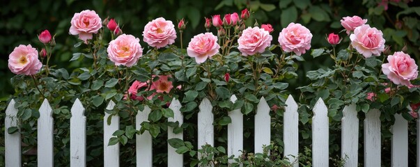 Fototapeta premium Beautiful Pink Roses by a White Fence in Garden