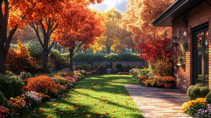 Acrylglasbilder Cappuccino autumn garden with brick patio and red maple trees - fall colors, backyard, landscape photography  © VASSELL TRADING