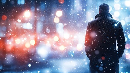 Young Man in a Snowy Urban Scene at Night