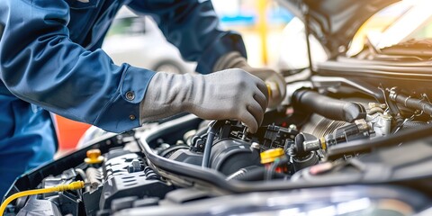 A mechanic inspects the engine of a car with its hood raised, surrounded by scattered tools, symbolizing a vehicle malfunction. Automotive repair, technical troubleshooting.