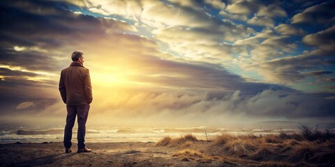 Obraz premium A solitary figure stands in contemplation, gazing away from the camera, lost in thought, with a subtle blend