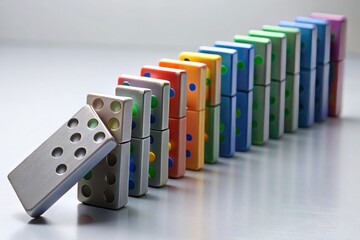 A solitary grey domino halts the fall of a colorful row, suspending motion and creating a striking visual