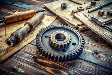 A solitary metal cog, with intricate teeth and worn edges, sits atop a distressed wooden background, surrounded by
