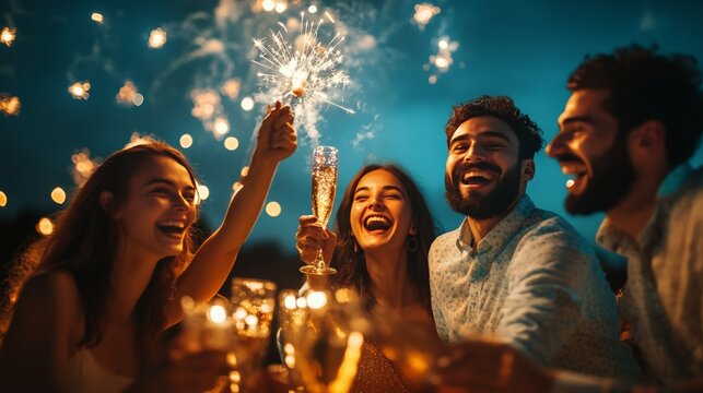 Group of friends celebrating with sparklers and drinks at night, enjoying a festive atmosphere filled with joy and laughter.