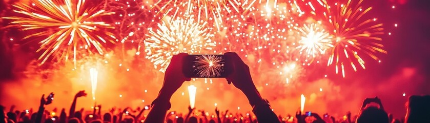 Midnight Celebration with Fireworks and Festive Atmosphere