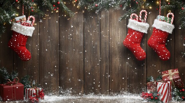 Three red Christmas stockings filled with gifts and candy canes hang on a rustic wooden wall decorated with pine branches, lights, and falling snow.