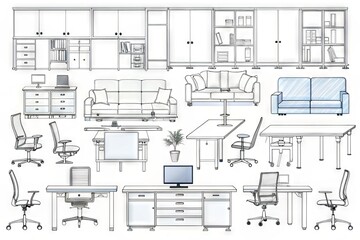 Assyrtment of 2D CAD blocks of modern office furniture, including chairs, desks, sofas, and tables, on a white