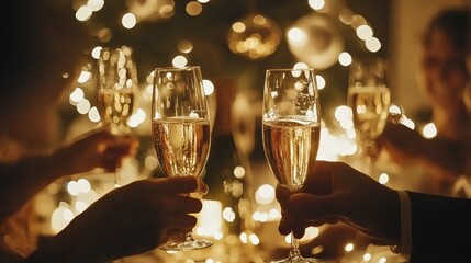 Group of people toasting with champagne glasses at a festive celebration with golden lights and bokeh in the background.