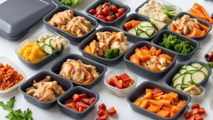 A well-organized healthy meal prep scene, featuring neatly arranged containers with balanced meals. Includes grilled protein, vibrant vegetables, and wholesome grains, ideal for clean eating.