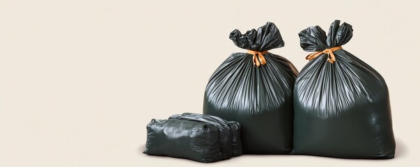 Two black garbage bags and one smaller bag sit against a neutral background, ready for disposal and waste management.