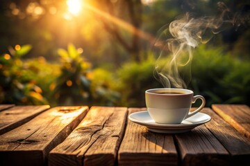 Obraz premium A steaming hot cup of coffee sits on a rustic wooden table next to a piece of white