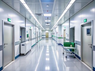 Obraz premium A sterile hospital corridor features a long, white wall adorned with direction signs, medical equipment, and a few