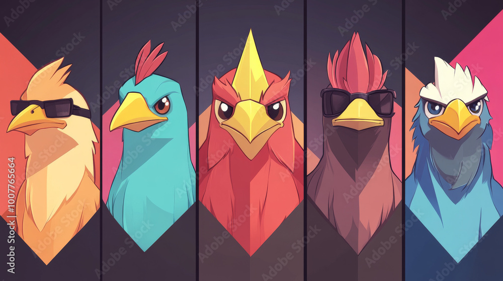 Poster Five cartoon birds with different colors and expressions.