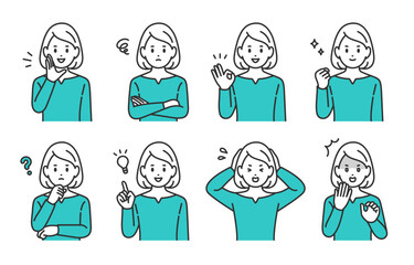 いろいろな表情やポーズをする若い女性のセット【人物ベクターイラスト素材】