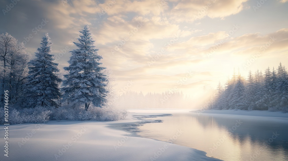 Wall mural a serene winter landscape with snow-covered trees, a frozen river, and a soft, golden glow in the sk