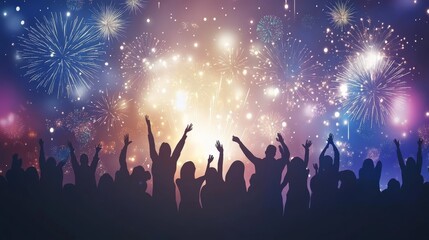 Naklejka premium Silhouettes of people celebrating under a sky filled with colorful fireworks, creating a vibrant and joyful atmosphere.