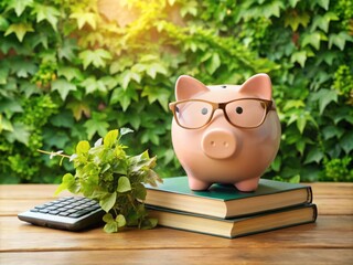 A tidy desk featuring a piggy bank, calculator, and textbooks, surrounded by ivy vines, symbolizing smart financial