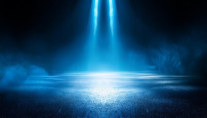 Rays, spotlights light. Empty dark scene with blue light. Asphalt blue dark street with smoke.