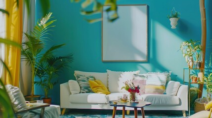 Blue Wall Modern Living Room: Decorated with Mock-Up Poster Frame, Colorful Accessories, Plants, Sofa, and Coffee Table