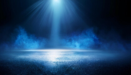 Rays, spotlights light. Empty dark scene with blue light. Asphalt blue dark street with smoke.