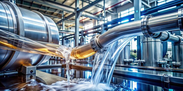 A translucent liquid coolant flows through a shiny metallic tube, surrounded by intricate machinery and wires, in a