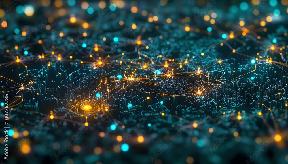 Poster a vibrant and detailed network visualization showcasing interconnected nodes and glowing data points