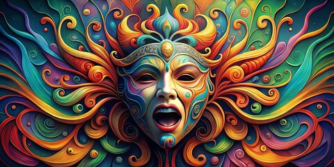 A vibrant, abstract illustration of a dramatic theatrical mask with swirling patterns and bold, expressive lines,