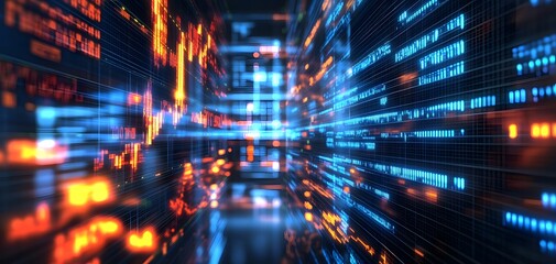 Fototapeta premium A vibrant digital landscape of blue and orange lights, representing data flow and technological advancement in a futuristic setting.