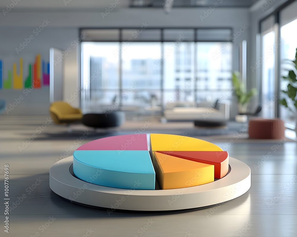 Poster a vibrant pie chart displayed in a modern office, representing data analysis and business growth in 