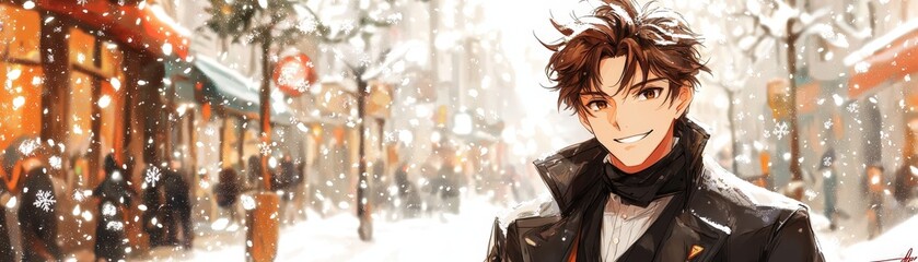 Young Professional in Anime Style in a Winter Scene
