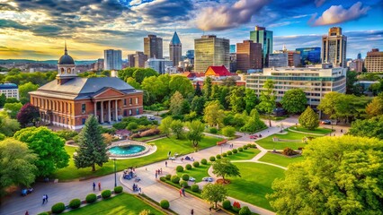 Naklejka premium A vibrant cityscape scene featuring various public facilities, including a library, community center, and park,