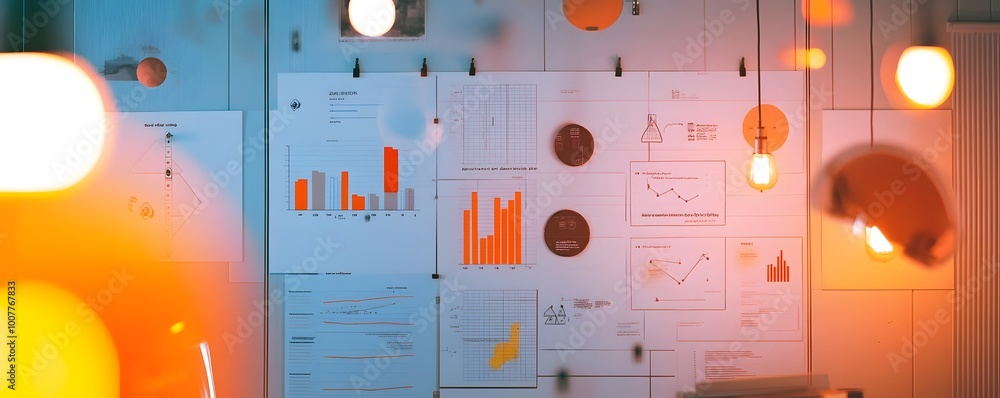 Poster a vibrant workspace featuring illuminated graphs and charts on paper, ideal for presentations and da