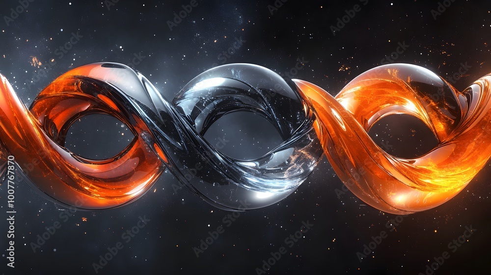 Poster abstract composition featuring intertwined metallic shapes in vibrant colors with a cosmic backgroun