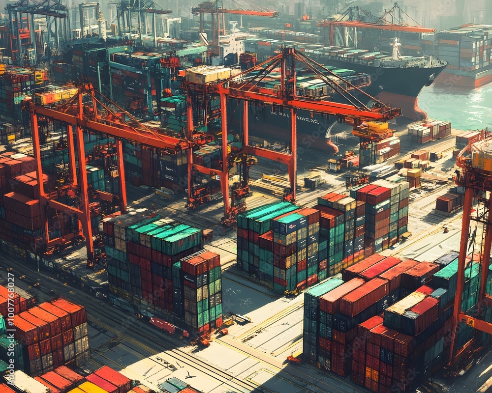Poster aerial view of a busy shipping port with stacks of colorful containers and cranes facilitating globa