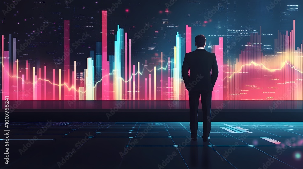 Poster businessman analyzing digital financial data trends with colorful graphs in a high-tech environment.