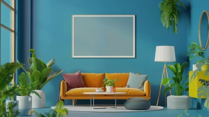 Blue Wall Living Room: Modern Interior Design with Mock-Up Poster Frame, Colorful Decorations, Plants, Sofa, and Coffee Table