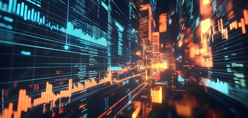 Poster dynamic cityscape with colorful light trails, representing data visualization and technology in a fu