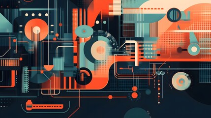 Dynamic abstract composition with geometric shapes, lines, and vibrant colors, perfect for modern design projects.