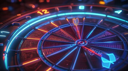 Close-Up of a Neon Dartboard Against a Dark Background