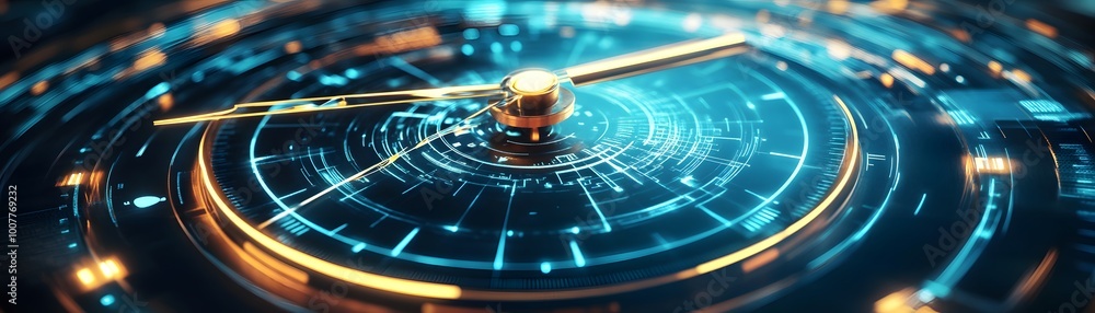 Poster futuristic clock design showcasing intricate digital elements with vibrant colors and glowing featur