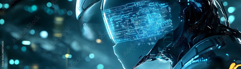 Poster futuristic cyborg with glowing digital interface in a tech-inspired environment, representing advanc