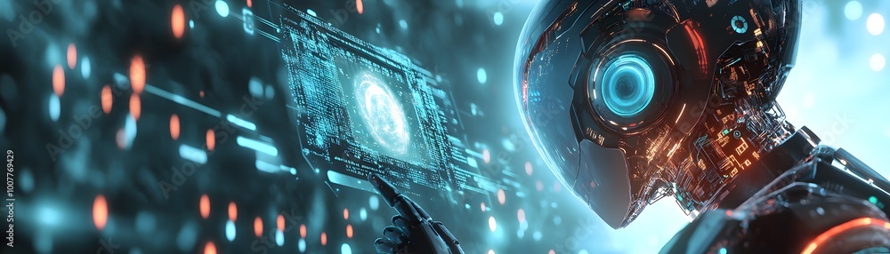 Poster futuristic robot interacting with holographic technology in a digital environment, showcasing advanc