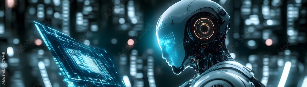 Poster futuristic robot operating a high-tech device in a digital environment, symbolizing advanced technol