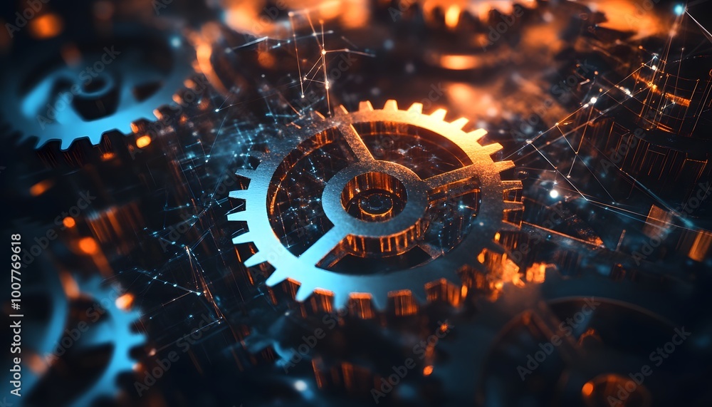 Poster intricate gears in a glowing network, showcasing the beauty of mechanics and technology in a vivid a
