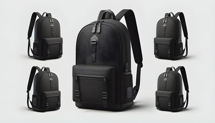 Realistic mockups of a black backpack, shown from various angles, including front, back, and isometric views
